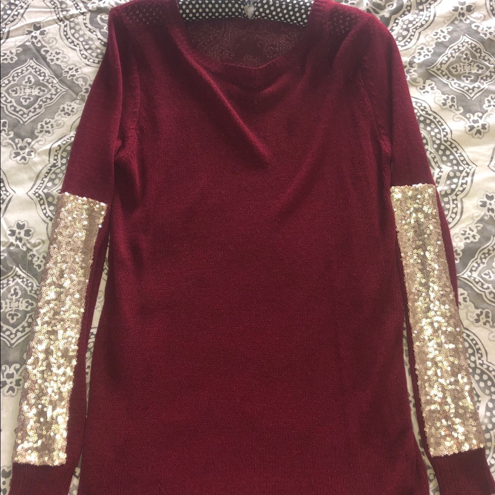 knit sweater with gold sequin elbow patches